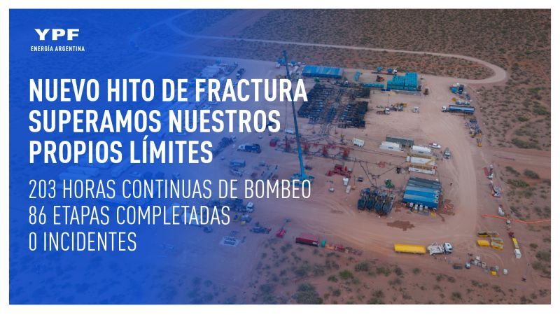 YPF alcanzó un nuevo hito operativo con 203 horas continuas de fractura remota en Bandurria