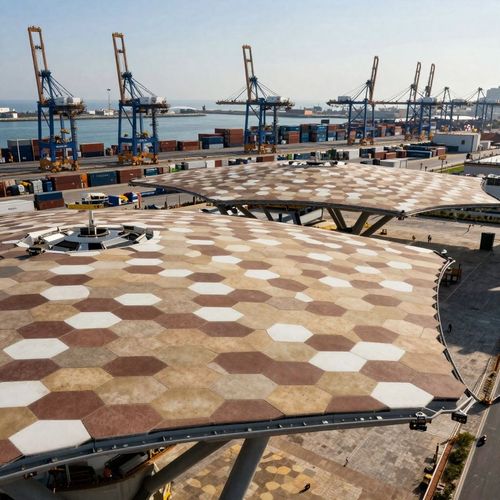 La nueva marquesina del control de acceso urbano al puerto empieza a tomar forma con la colocación de las piezas cerámicas que conforman la cubierta